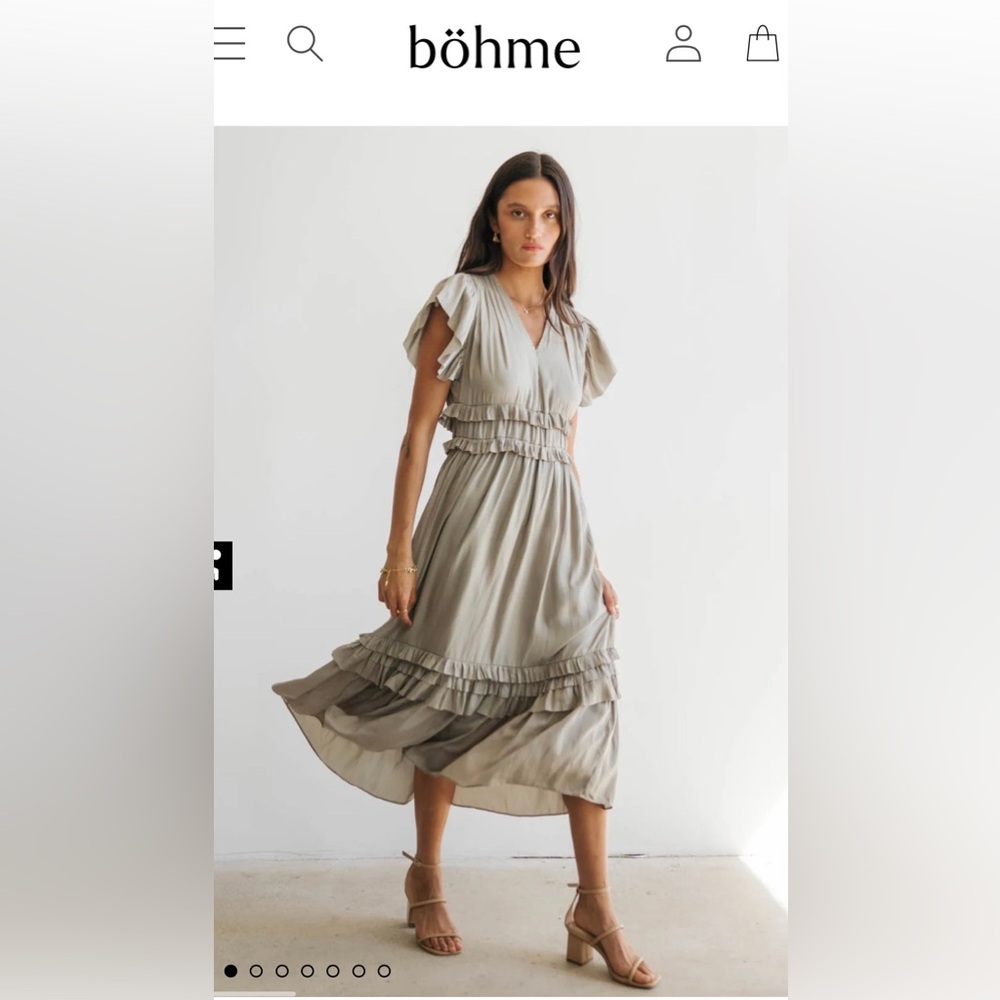 Bohme Willa Ruffle Dress, sage green, M, Midi